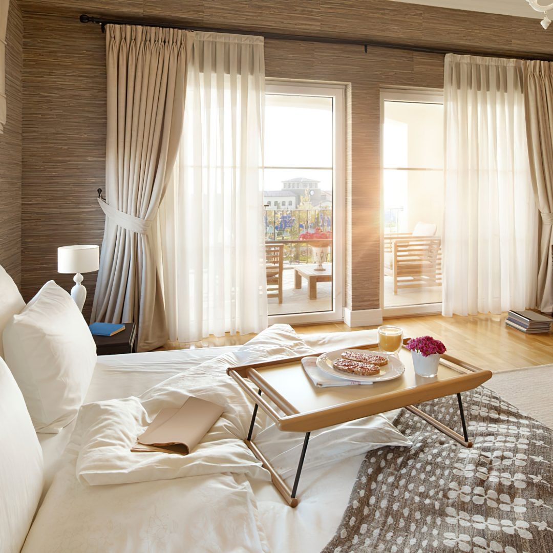 wide angle shot of a comfortable bedroom